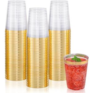 100 Pack Gold Plastic Cups 10 Oz Clear Cup Gold Rimmed Disposable Wine Glasses Fancy Disposable Party Cups Tumblers Drinking Cup Plastic Cocktail Glasses gold disposable cups for Party Wedding
