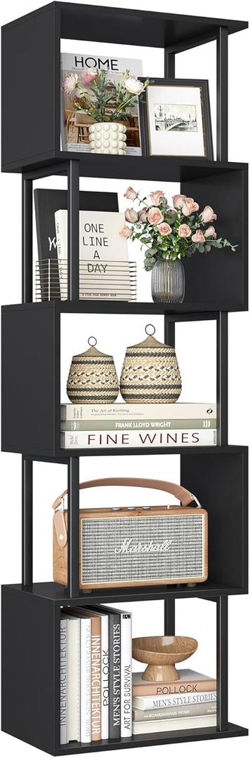 Yusong Bookshelf 5-Tier, Geometric Bookcase S Shaped Book Shelves for Bedroom, Modern Wood Decorative Display Shelf Corner for Home Office, Black