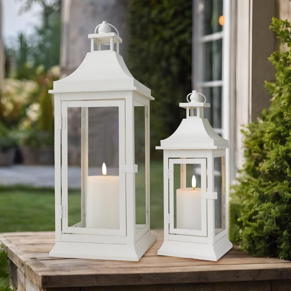 JHY DESIGN Set of 2 19.5''&13''Tall Vintage Candle Lanterns Outdoor Hanging Tower Lantern Metal Candle Holder for Garden Living Room Indoor Outdoor Parties Weddings Balcony Patio
