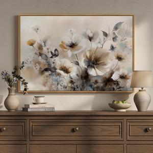 Framed Vintage Floral Wall Art, Neutral Beige Botanical Flower Canvas Artwork for Modern Farmhouse Walls, Rustic Watercolor Wildflower Painting Prints for Living Room Bedroom Kitchen Dining Room, 24x36