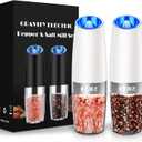 XinXu Gravity Automatic Electric Pepper and Salt Grinder, Auto Salt or Pepper Mill Shaker Stainless Steel,Blue LED Light,One Hand Operated, Set/Snow White