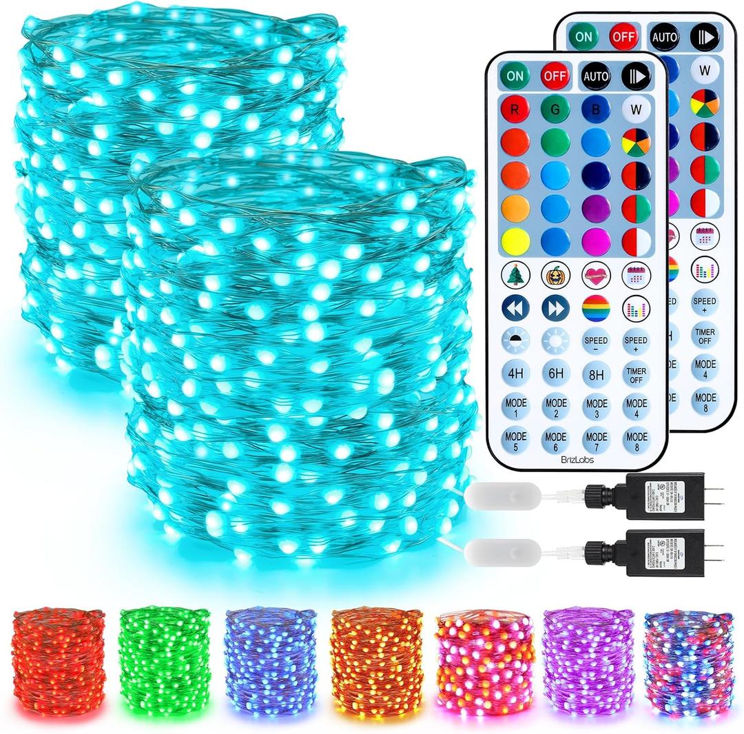 BrizLabs Fairy String Lights - 2 Pack 66ft 200 LED Color Changing Christmas Fairy Lights with Remote, Plug-in RGB Christmas Twinkle Light Rainbow Firefly Starry Light for Xmas Tree Halloween Bedroom