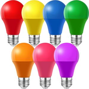 Colored Light Bulbs,A19 7W E26 Color LED Lights Bulb,60 Watt Equivalent,for Outdoor Indoor,Multicolor,Red Yellow Blue Green Orange Pink Purple,for Halloween Party Christmas Bedroom,Pack of 7