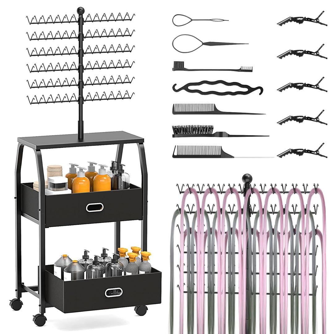 Portable Braiding Hair Rack With Wheels & Storage Drawers,168 Pegs Hair Extension Holder Hanger for Braiding Hair Separator Stand Display,Hair rack with stylist hair braiding tools(black)