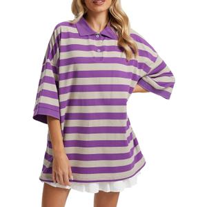 Womens Striped Polo T-Shirts Oversized Short Sleeve Top Cotton Color Block Loose Basic Tee Casual Tunics Summer Spring Tops (S)
