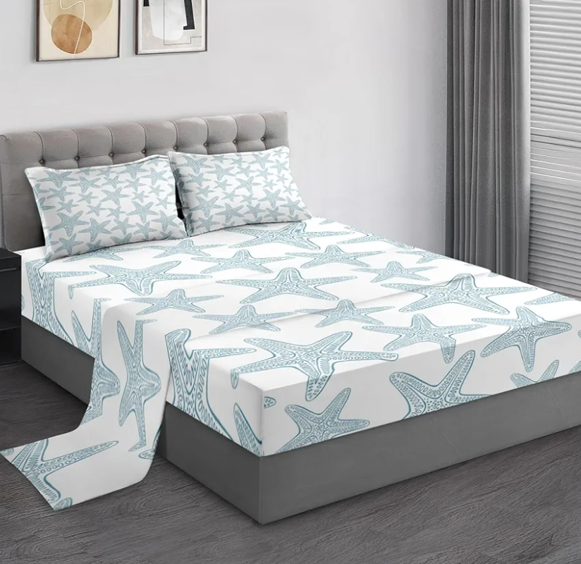 Queen Size Bed Sheet Sets, Starfish Sea Shells Nautical Soft Microfiber 4 Pcs Bedding Sets for Kids and Adults Bedroom Bed Decor, Seashells Ocean Beach Flat, Fitted Sheet and 2 Pillowcases