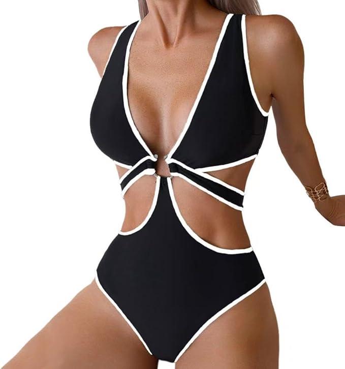Women's Deep V Neck One Piece Swimsuit O-Ring Swimwear Sexy Cut Out Bathing Suit, Size: M