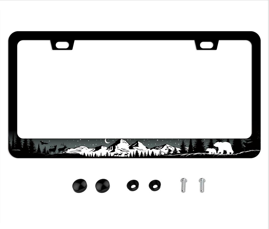 Bear Moose License Plate Frame - Forest Wildlife Car Tag Frames Wild Animal Auto Plates Tags Mountains Night Trees Printed 2 Holes with Screws for Women Men (6" x 12" (Pack of 1))