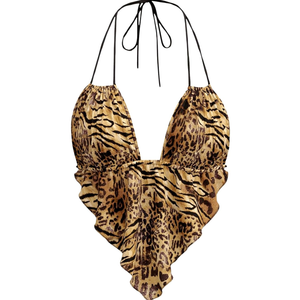 Verdusa Women's Sexy Leopard Print Deep V Halter Crop Tops Ruffle Going Out Top Party Clubwear XS