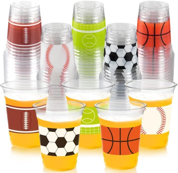 50Pcs Sports Party Decoration Cups, 12Oz Sports Plastic Disposable Cups for Kids Football Soccer Basketball Baseball Birthday Party Decorations Supplies Favors