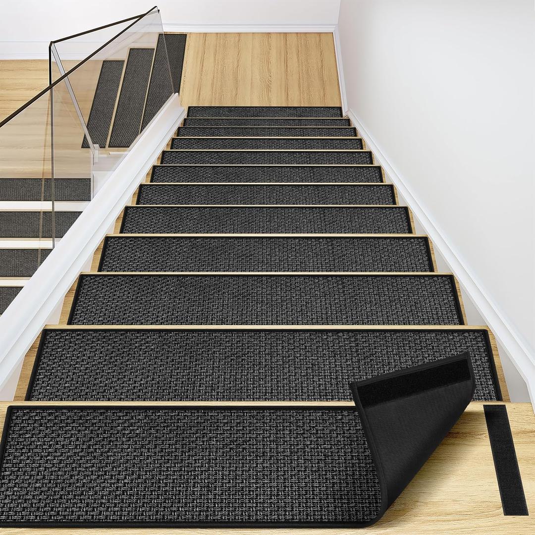 Peel and Stick Stair Carpet Treads for Wooden Steps,15 Pack Indoor Black Stair Mats, Basement Safety Stick On Stair Rug Step Pads for Pet Dog, Elders and Kids (Set of 15)