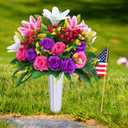 Dolicer 2 Sets Artificial Cemetery Flowers for Grave, Realistic Grave Flowers Memorial Flower UV Resistant Silk Rose Lily Flower with Vase for Cemetery Decorations (Colorful)