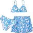COZYEASE Girls' 3 Piece Set Floral Print Bikini Swimsuit with Drawstring Beach Skirt Cute Ruched Bathing Suit (11 Years, Multicolor Blue)