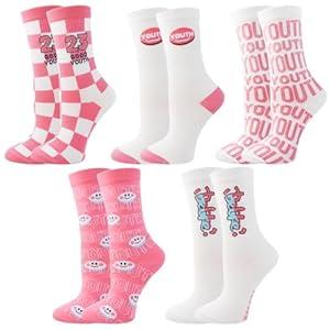 AcottonGifty Fun Socks for Women, Pink Socks Girls, White Crew Socks, Novelty & Cute Socks for Teens, 5 Pairs, Size 5-10