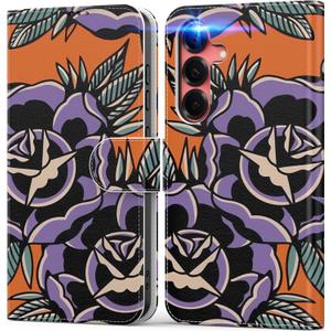 DEENAKIN for Samsung Galaxy S25 Plus Wallet Case with Card Holder + Cash Clip, RFID-Blocking, Military-Grade Protection & UV-Printed Artwork, Magnetic Closure with Kickstand - Abstract Purple Blossoms