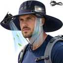 Solar Fan Hat for Men Women, Wide Brim UPF50+ Sun Hat with 2 Removable Fan 3-Speed Wind Solar&USB Charging (Dark Blue)