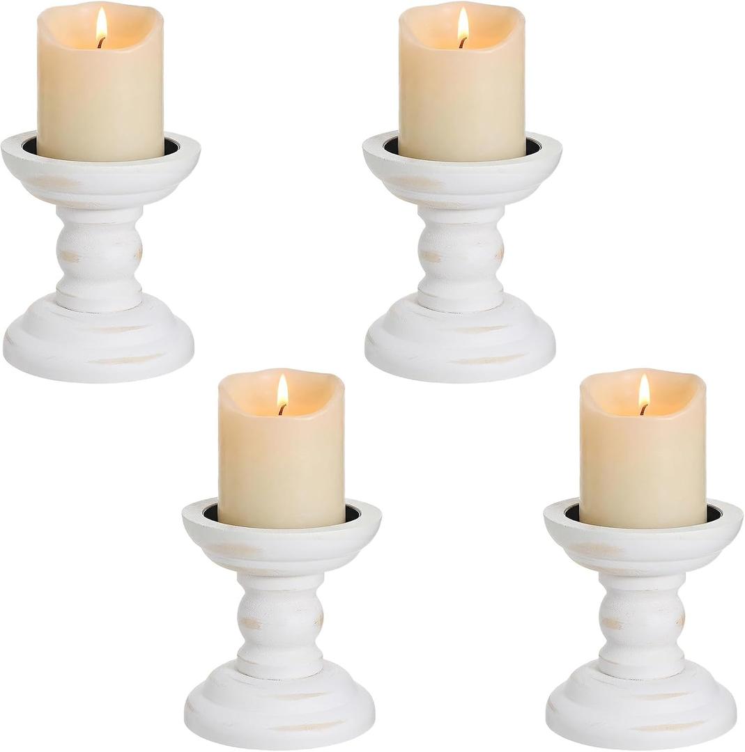 4 Pcs Wood Pillar Candle Holder Rustic White Candle Holder Table Centerpiece Decor Wooden White Farmhouse Decorations for Fireplace Mantle