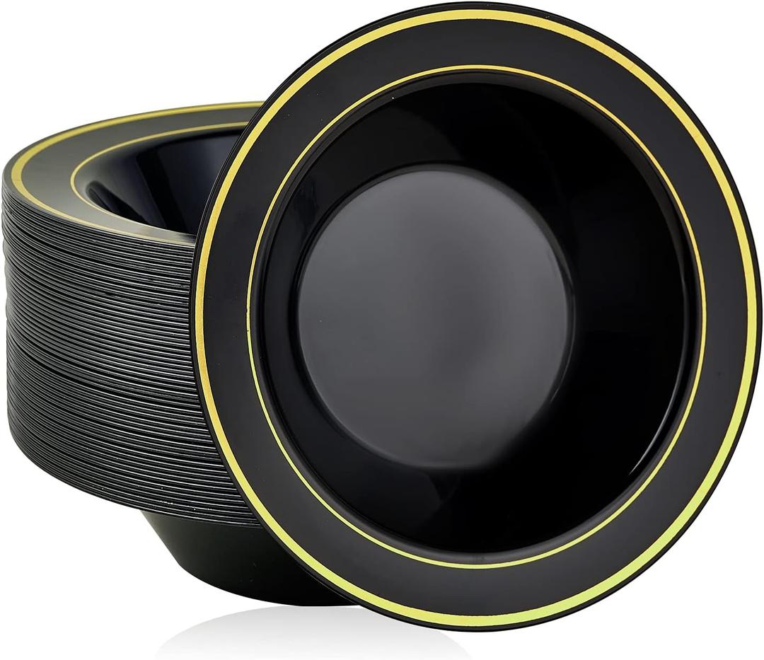 JOLLY PARTY 50PCS Black Plastic Bowls with Gold Rim-12oz, Christmas Thanksgiving Premium Disposable Soup Dessert Salad Bowls for Wedding/Party/Halloween