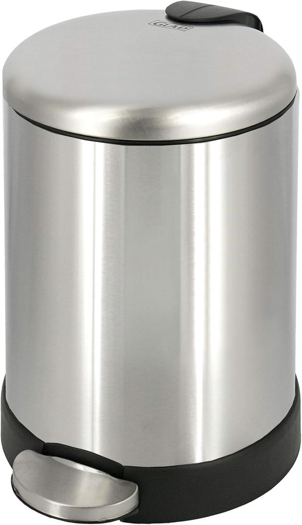 GLAD Small Trash Can, 1.2 Gallon | Round Stainless Steel Garbage Bin with Soft Close Lid & Step Foot Pedal | Metal Waste Basket with Removable Inner Bucket, Stainless