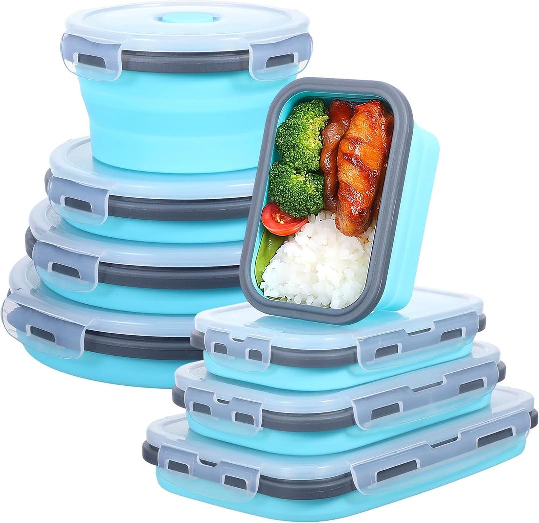 8 Pack Collapsible Food Storage Containers with Lid, Silicone Foldable Rectangle Round Food Prep Containers Bowl, Stacking Camper Lunch Box for Leftovers Meals, Microwave Dishwasher Safe