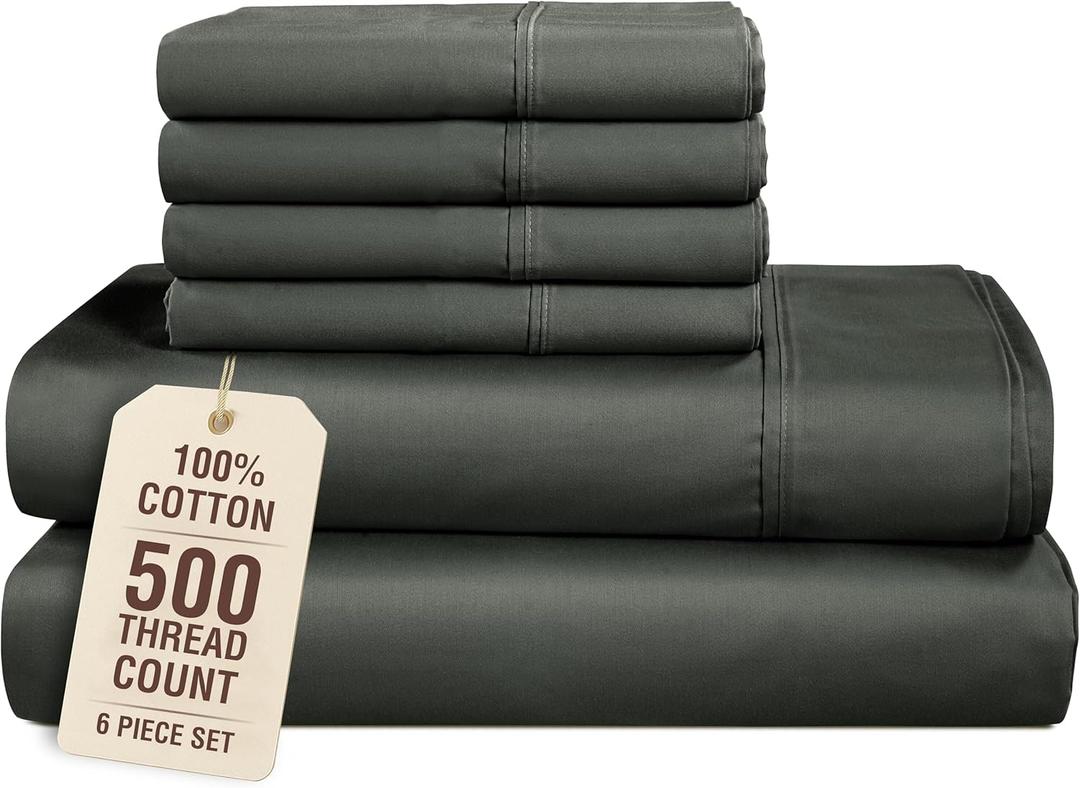 Casa Platino Queen Size Sheets, 6 Piece Silky Sateen Sheets with 500 Thread Count 100% Cotton, 15 Inch Deep Pocket Fitted Sheet for Queen Size Beds, Buttery Soft Feel and Everyday Comfort  Dark Grey