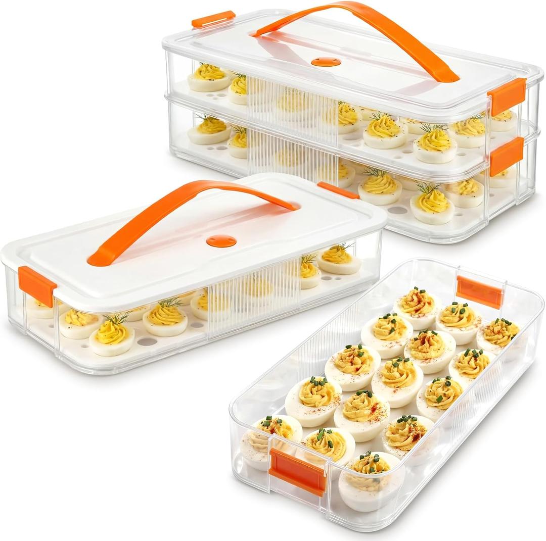 2 Pack Deviled Egg Container with Lid and Handle 2 Layer Deviled Egg Carrier for 60 Reusable Stackable Platter Clear Plastic Storage Tray for Dish Washer Party Home Kitchen Suppies