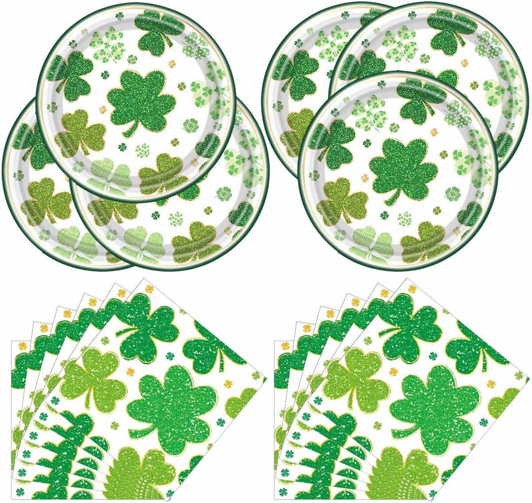 St Patrick's Day Party Tableware, Lucky Green Shamrock Plates and Napkins, St Patricks Day Theme Party Decorations