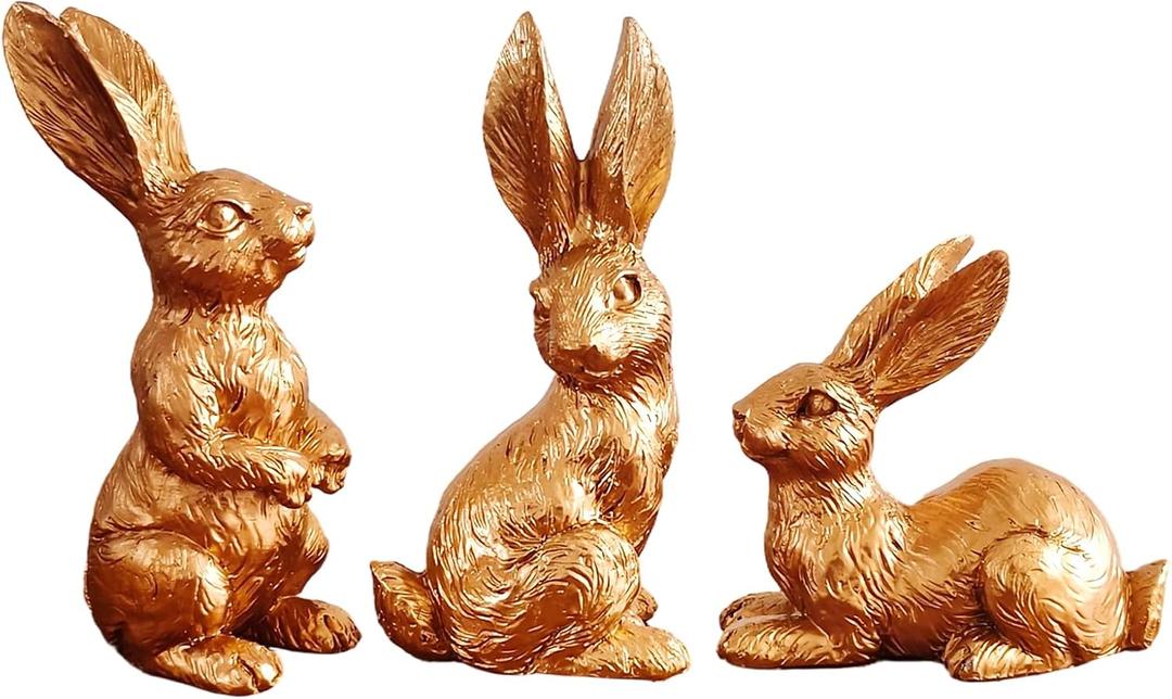 Easter Bunny Decorations, 3 PCS Resin Gold Bunny Figurines Vintage Rabbit for Easter Decor Small Decorative Rabbit Statues for Home Decor, Spring Tabletop Centerpiece(Rose Gold 3pcs)