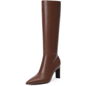 Modatope Knee High Boots for Women Pointed Toe Chunky Heel Tall Boots Side Zipper Fall Long Boots (Brown)