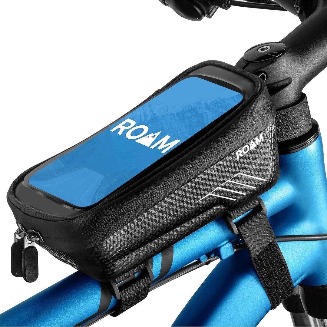 Roam Bike Universal Phone Holder + Waterproof Zipper Storage Case - Fits Smartphones Up To 4" x 7" - Velcro Strap Mounts To Bicycle Frame - Full Touchscreen Capabilities - Black
