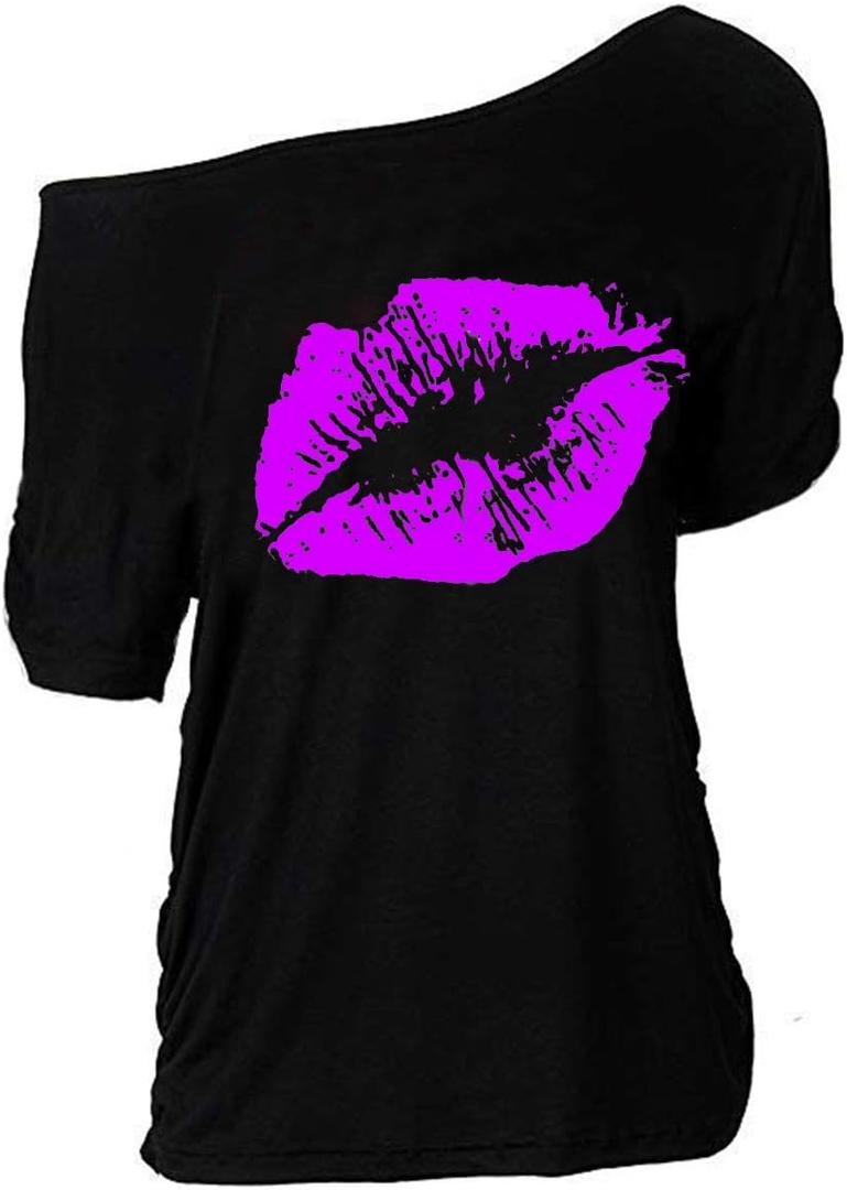 MAGICMK Women Casual Plus Size Lips Print Off Shoulder T-Shirt Tops (Large, Black+purple)