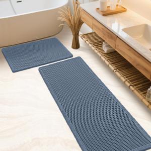 IM HOME Waffle Bath Mat Set 2 Piece Blue,Woven Modern Bath Rug Mats, Absorbent Non Slip Bath Floor Mat, Soft Washable Boho Bath Rugs with Tassels for Bathroom, Bedroom, Kitchen,Tub