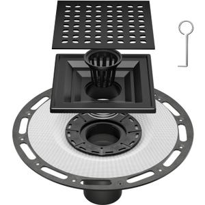 6 Inch Square Shower Drain Black with PVC Bonding Flange, Bonding Drain Shower Flange Kit 304 Stainless Steel Drain Grate for Low Profile Tiles, CUPC Certified