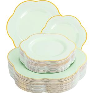 Liacere 50PCS Sage Green Plates - Heavy Duty Green Disposable Plates - Green and Gold Plastic Plates Include 25PCS Green Dinner Plates, 25PCS Green Dessert Plates for Baby Shower & Spring & Party