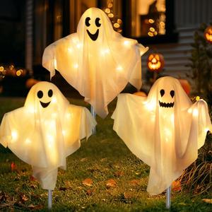 [8 Modes] 3 Pack Halloween Outdoor Decorations Lighted Ghost Yard Stakes with 50 LED Warm White Lights Battery Operated Bendable Arm Light Up White Cloth Ghost Yard Garden Outside Haunted House Decor