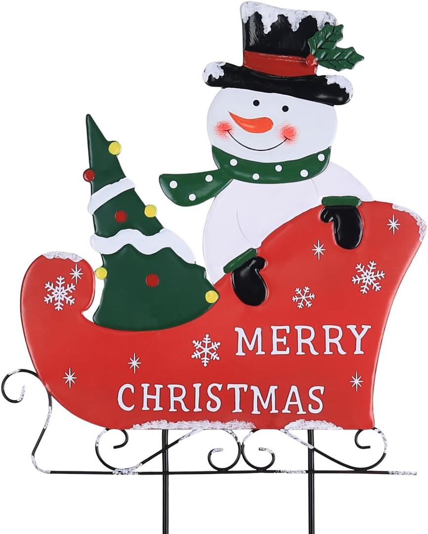 YEAHOME Outdoor Christmas Decorations, Metal Snowman with Sleigh Decorative Garden Stakes for Outdoor Yard, Merry Christmas Signs for Outside Porch Lawn Pathway Xmas Decor (Yhmd-489)