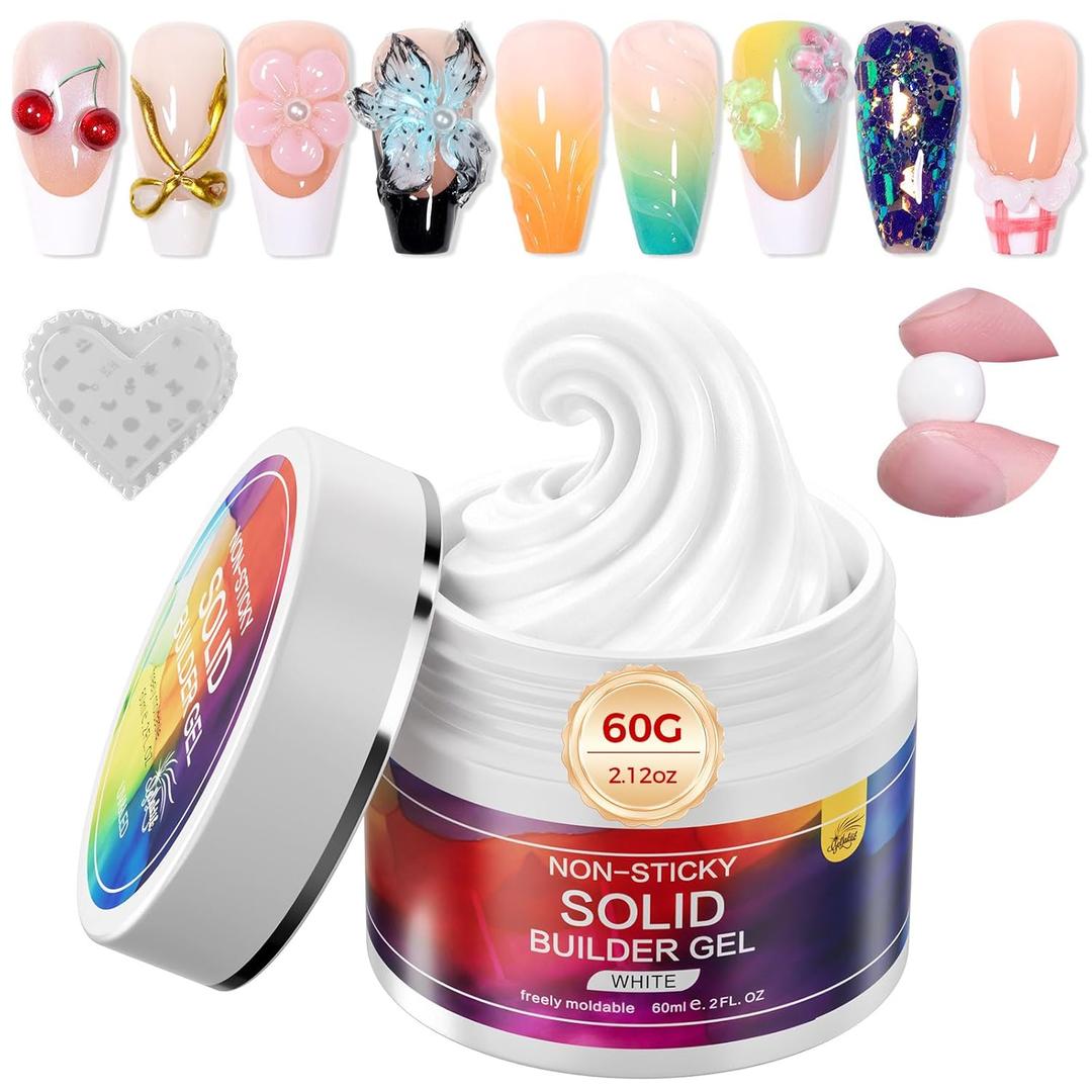 60g Solid Builder Nail Gel with 3D Sculpting Mold, Non-Sticky Hand Carving Gel for Nail Art Extension - Hard Gel for DIY & Salon, UV/LED Cured, Large Capacity (White)
