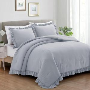 Bonlino Bedding Comforter Set Queen - 3 Pieces Farmhouse Comforter Ruffle Boho Bed Comforter, Fluffy Soft Lightweight Bedding Chic Rustic Country Style for Home Bedroom Dorm (King, Light Grey)