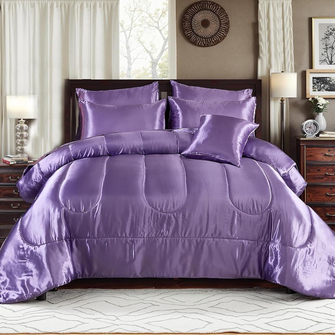 Bedding_Dreamer Satin Comforter Set King Size, 8 Piece Bed in a Bag Lavender with Sheets, Silky Soft Polyester Satin Bedding Set, Lightweight, 16 Inch Deep Pocket, Soft Glam Style