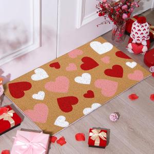 Duraaamo Valentine Coir Door Mat Welcome Doormat Red Pink White Heart Pattern Non Slip for Outdoor Entrance Front Porch Entryway Decor