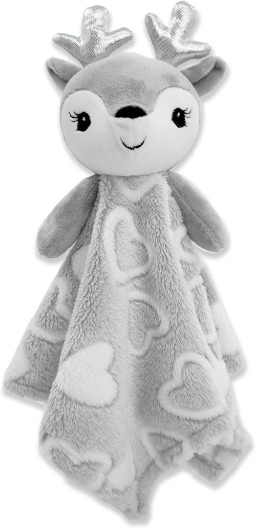 June Garden Cozy Dream Fleece Baby Security Blanket - Infants Nursery Bed Blankets - 15 x 15 inches Lovey - Stuffed Deer Animal Plush - Grey