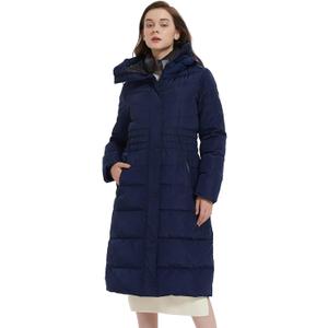 IKAZZ Thickened Vegan Down Jacket, Women's Long Winter Warm Lightweight Skiing Insulated Coats with Hood, Thick Parka Design, Water-Repellent and Snow-Proof for Outdoor Adventures, Navy XS
