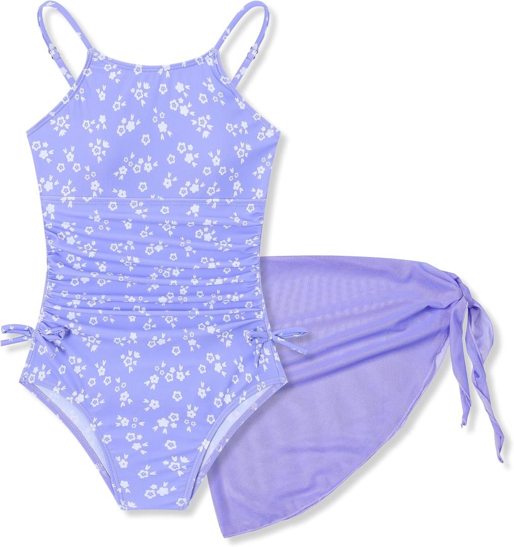 Girls Floral One Piece Swimsuit and Cover Up Skirt Set Purple Bathing Suit for Girls Size 6-7 (Purple)