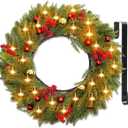 Christmas Wreaths for Front Door with Lights & Timer - 24" 40 LED Pre-Lit Lighted Cedar Pine Christmas Wreath with Metal Hanger Decoration for Door Window Indoor Outdoor Wall (Large, Red Berries &Red Ball)