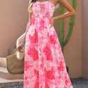 Gardenwed Women's Floral Print Maxi Dress,Spaghetti Strap Smocked Bodice A-Line Sundress with Pockets (Pink, M)
