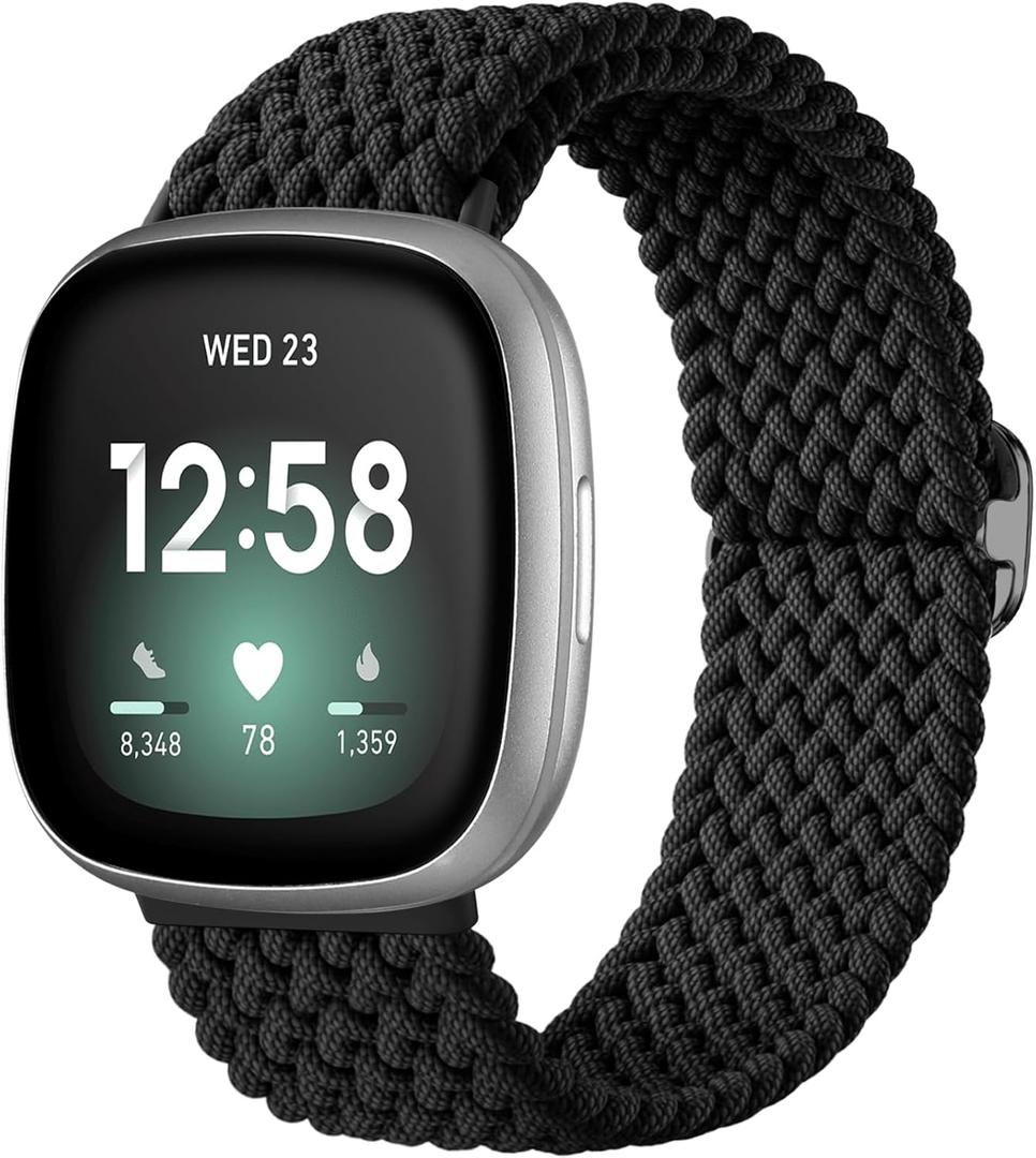 Maledan Braided Stretchy Band Compatible for Fitbit Sense/Versa 3/4 and Sense 2, Soft Elastic Strap Bracelet Wrist Bands for Smart Watch, Accessory for Men and Women (1-Black)