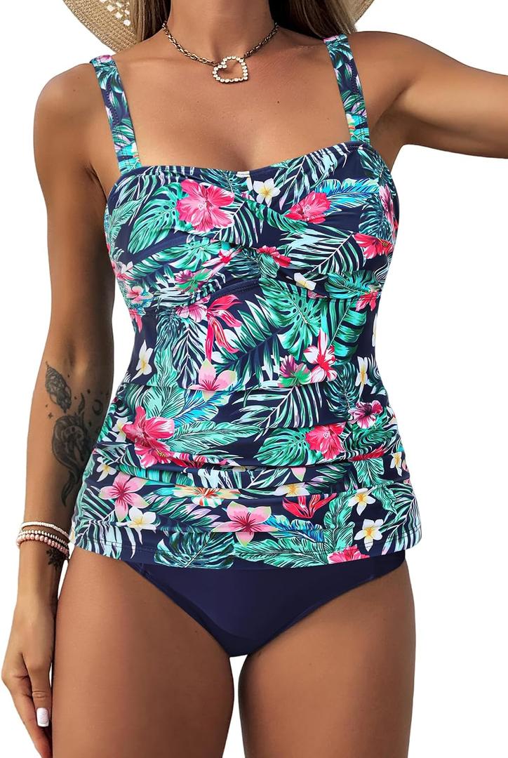 ZAFUL Tankini Swimsuits for Women Tummy Control High Waisted Twist Front Ruched Two Piece Bathing Suit (Blue, L)