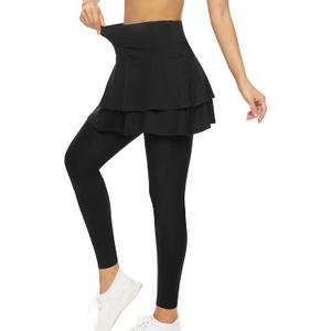 Tennis Skirted Leggings with Pockets for Women Active Skort Athletic Ruffle Pleated Golf Skapri with Skirt (X-Large, A01-2-Layer Black)