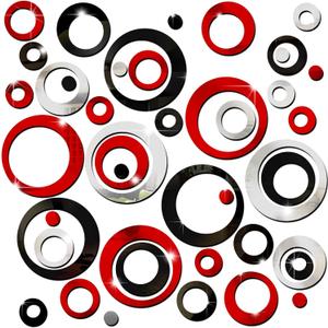 Outus 72 Pieces Wall Stickers Decor Acrylic Circle Mirror Removable Red and Black Wall Decor Round Dots Bulk DIY Red Living Room Decals Modern Art Murals for Home Bathroom Bedroom Decoration