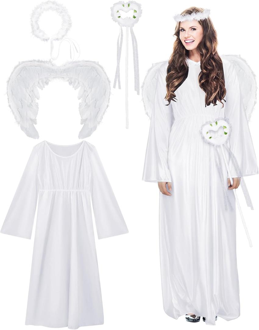 Eurzom 4 Pcs Women's Angel Costume Set - White Dress Feather Wings and Wand for Christmas Adults Cosplay Outfits